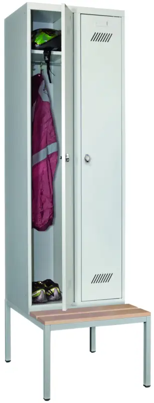 Pavoy Spind mit Sitzbank Holz Buche 2150 x 600 x 500 mm - 2 Abteile mit Drehriegel - RAL 7035 Bestpreis