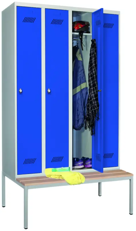 Pavoy Spind mit Sitzbank Holz Buche 2150 x 1200 x 500 mm - 4 Abteile mit Drehriegel - RAL 7035 5010 Garantierte Lieferung