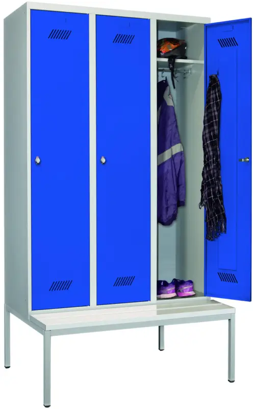 Schneller Versand Pavoy Spind mit Sitzbank PVC weiß 2150 x 1200 x 500 mm - 3 Abteile mit Drehriegel - RAL 7035 5010