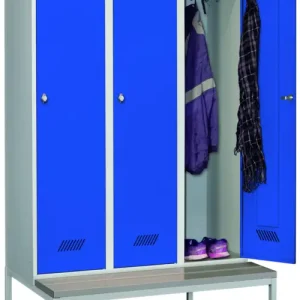 Finale Aktion Pavoy Spind mit Sitzbank PVC hellgrau 2150 x 1200 x 500 mm - 3 Abteile mit Drehriegel - RAL 7035 5010
