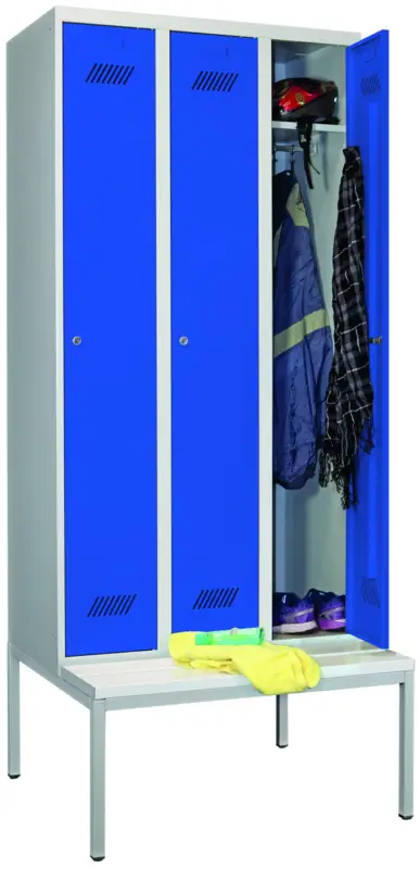 Pavoy Spind mit Sitzbank PVC weiß 2150 x 900 x 500 mm - 3 Abteile mit Zylinderschloss - RAL 7035 5010 Markenprodukt
