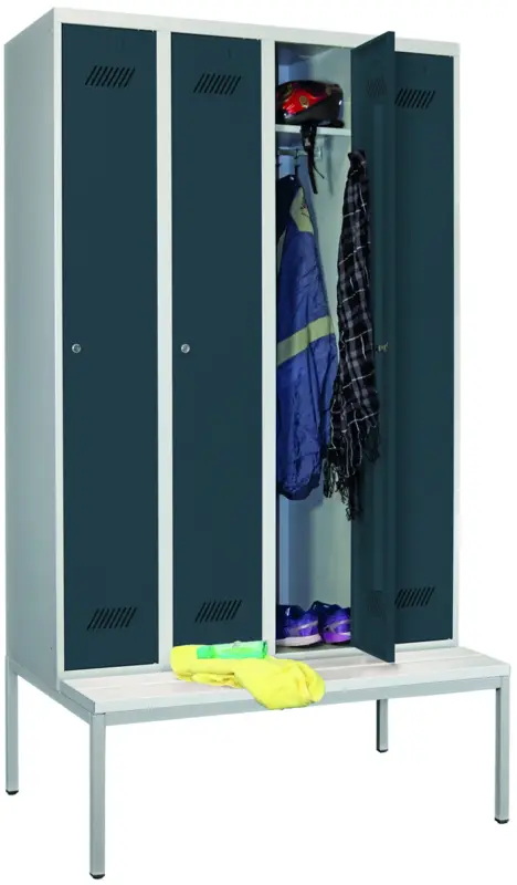 Garantierte Lieferung Pavoy Spind mit Sitzbank PVC weiß 2150 x 1200 x 500 mm - 4 Abteile mit Zylinderschloss - RAL 7035 7016