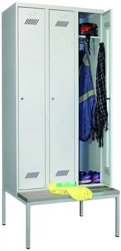 Abverkauf Pavoy Spind mit Sitzbank PVC hellgrau 2150 x 900 x 500 mm - 3 Abteile mit Zylinderschloss - RAL 7035