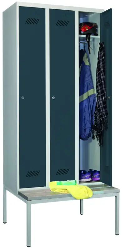 Pavoy Spind mit Sitzbank PVC hellgrau 2150 x 900 x 500 mm - 3 Abteile mit Zylinderschloss - RAL 7035 7016 Preiswert