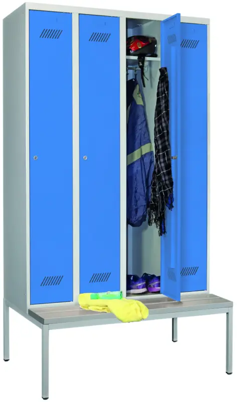 Markenware Pavoy Spind mit Sitzbank PVC hellgrau 2150 x 1200 x 500 mm - 4 Abteile mit Zylinderschloss - RAL 7035 5012