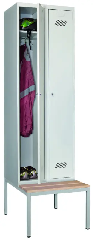 Heißes Angebot Pavoy Spind mit Sitzbank Holz Buche 2150 x 600 x 500 mm - 2 Abteile mit Zylinderschloss - RAL 7035