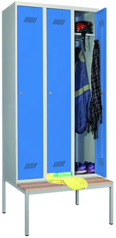 Pavoy Spind mit Sitzbank Holz Buche 2150 x 900 x 500 mm - 3 Abteile mit Zylinderschloss - RAL 7035 5012 Garantierte Lieferung