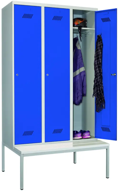 Pavoy Spind mit Sitzbank PVC weiß 2150 x 1200 x 500 mm - 3 Abteile mit Zylinderschloss - RAL 7035 5010 Online Kaufen