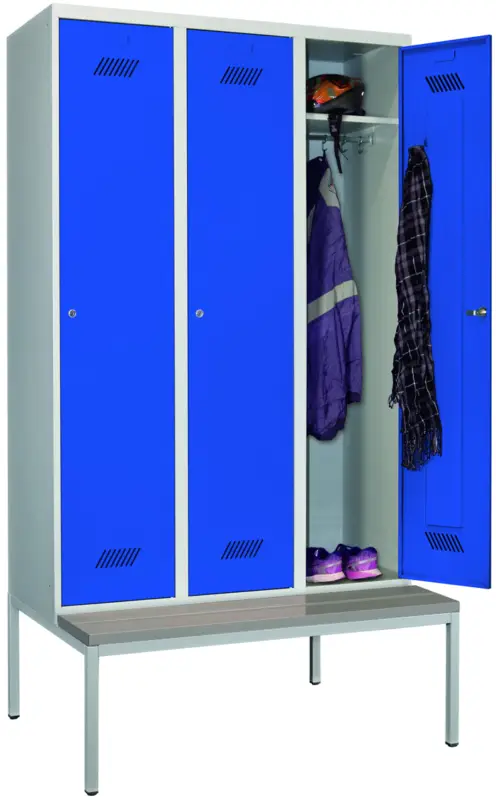 Schnäppchen Pavoy Spind mit Sitzbank PVC hellgrau 2150 x 1200 x 500 mm - 3 Abteile mit Zylinderschloss - RAL 7035 5010