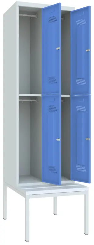 Pavoy Schließfach Spind mit Sitzbank PVC weiß 2150 x 600 x 500 mm - 4 Abteile mit Drehriegel - RAL 7035 5012 Abverkauf