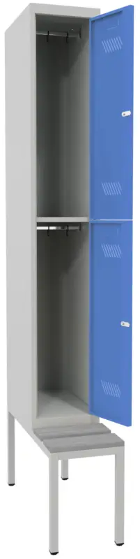 Expressversand Pavoy Schließfach Spind mit Sitzbank PVC hellgrau 2150 x 300 x 500 mm - 2 Abteile mit Drehriegel - RAL 7035 5012