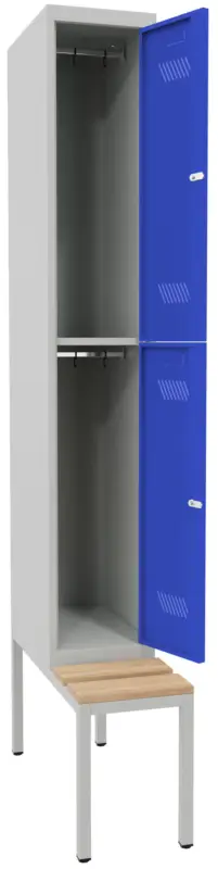 Pavoy Schließfach Spind mit Sitzbank Holz Buche 2150 x 300 x 500 mm - 2 Abteile mit Drehriegel - RAL 7035 5010 Meistverkauft