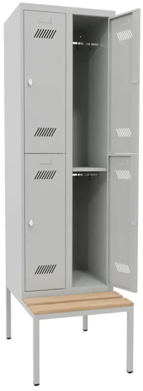 Pavoy Schließfach Spind mit Sitzbank Holz Buche 2150 x 600 x 500 mm - 4 Abteile mit Drehriegel - RAL 7035 Online Kaufen