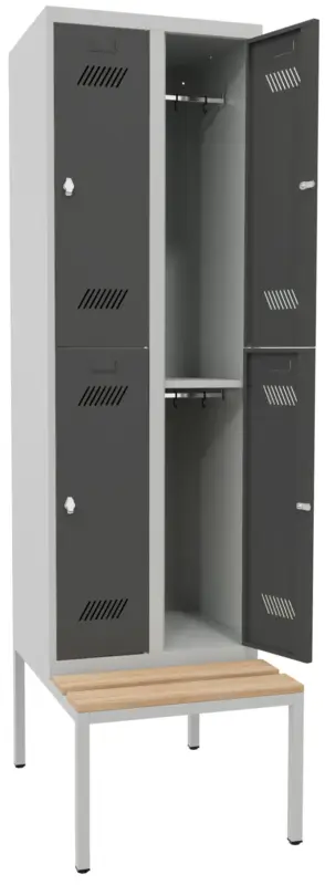 Rabatt Pavoy Schließfach Spind mit Sitzbank Holz Buche 2150 x 600 x 500 mm - 4 Abteile mit Drehriegel - RAL 7035 7016