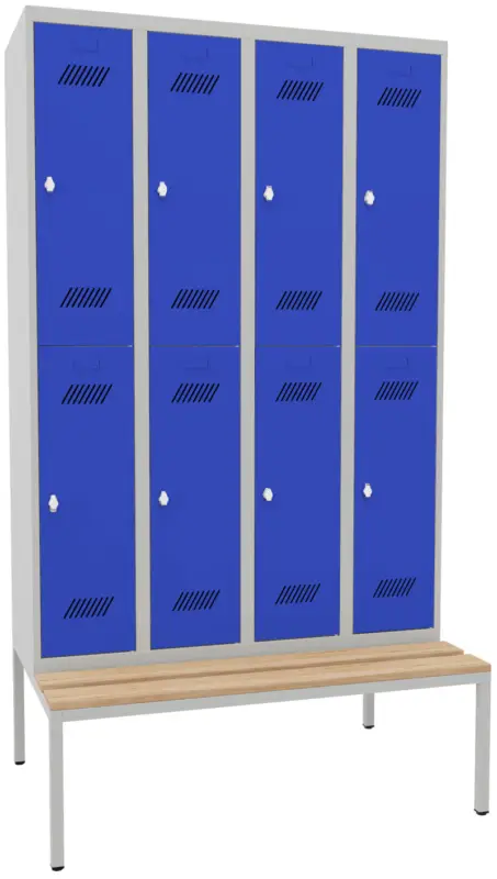 Pavoy Schließfach Spind mit Sitzbank Holz Buche 2150 x 1200 x 500 mm - 8 Abteile mit Drehriegel - RAL 7035 5010 Solange Der Vorrat Reicht