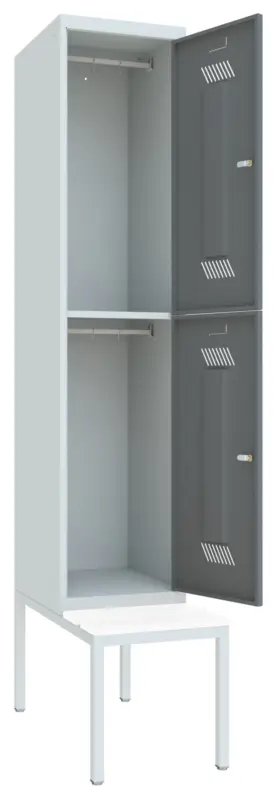 Pavoy Schließfach Spind mit Sitzbank PVC weiß 2150 x 400 x 500 mm - 2 Abteile mit Drehriegel - RAL 7035 7016 Wochenendangebot