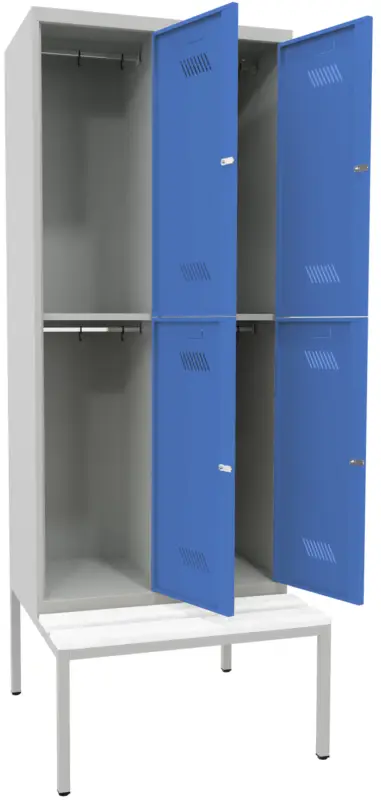 Pavoy Schließfach Spind mit Sitzbank PVC weiß 2150 x 800 x 500 mm - 4 Abteile mit Drehriegel - RAL 7035 5012 Direktkauf