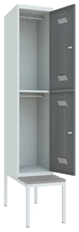 Pavoy Schließfach Spind mit Sitzbank PVC hellgrau 2150 x 400 x 500 mm - 2 Abteile mit Drehriegel - RAL 7035 7016 Highlight