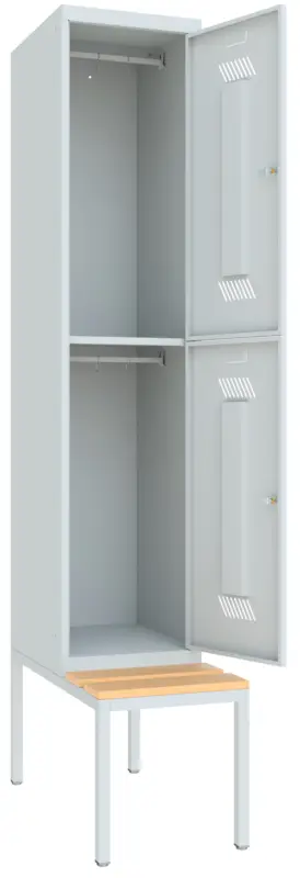 Pavoy Schließfach Spind mit Sitzbank Holz Buche 2150 x 400 x 500 mm - 2 Abteile mit Drehriegel - RAL 7035 Begrenztes Angebot