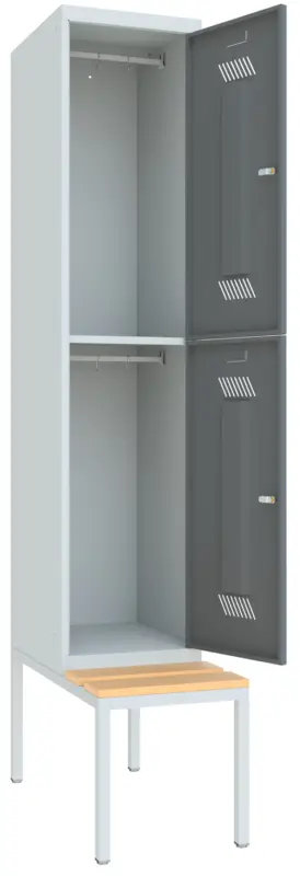 Pavoy Schließfach Spind mit Sitzbank Holz Buche 2150 x 400 x 500 mm - 2 Abteile mit Drehriegel - RAL 7035 7016 Garantierte Lieferung