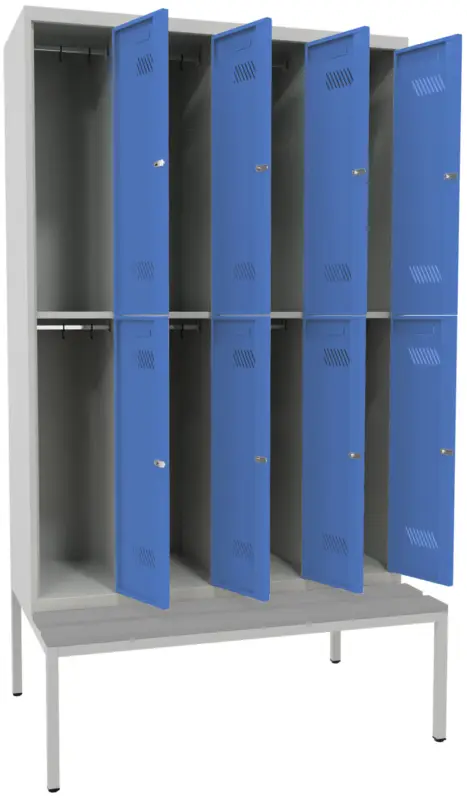 Pavoy Schließfach Spind mit Sitzbank PVC hellgrau 2150 x 1200 x 500 mm - 8 Abteile mit Zylinderschloss - RAL 7035 5012 Finale Aktion