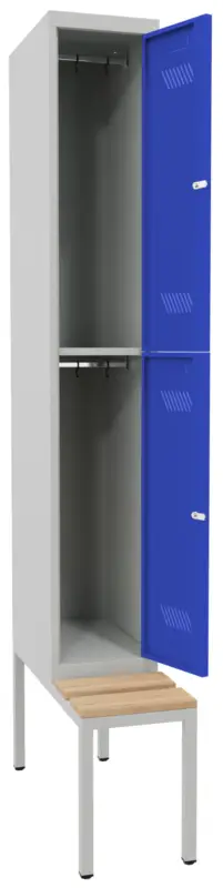 Pavoy Schließfach Spind mit Sitzbank Holz Buche 2150 x 300 x 500 mm - 2 Abteile mit Zylinderschloss - RAL 7035 5010 Nur Heute