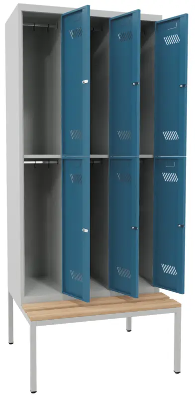 Pavoy Schließfach Spind mit Sitzbank Holz Buche 2150 x 900 x 500 mm - 6 Abteile mit Zylinderschloss - RAL 7035 5012 Geprüft