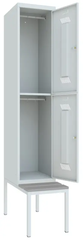 Pavoy Schließfach Spind mit Sitzbank PVC hellgrau 2150 x 400 x 500 mm - 2 Abteile mit Zylinderschloss - RAL 7035 Neuheit
