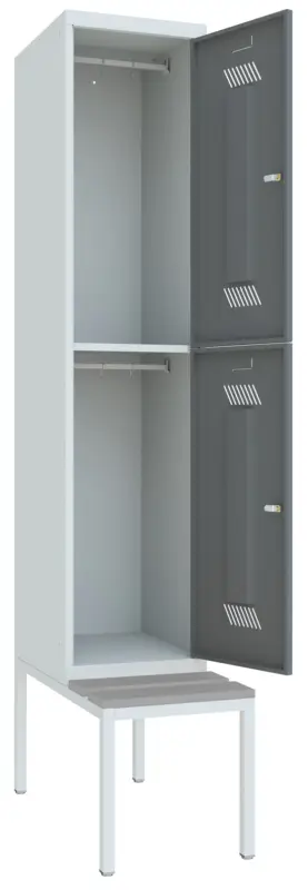 Pavoy Schließfach Spind mit Sitzbank PVC hellgrau 2150 x 400 x 500 mm - 2 Abteile mit Zylinderschloss - RAL 7035 7016 Saisonangebot