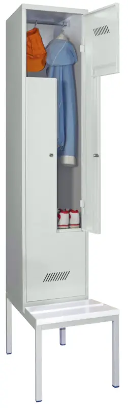 Preiswert Pavoy Z-Spind mit Sitzbank PVC weiß 2150 x 400 x 500 mm - 2 Abteile mit Zylinderschloss - RAL 7035