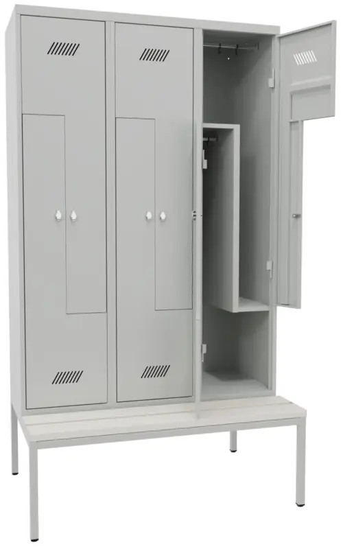 Pavoy Z-Spind mit Sitzbank PVC weiß 2150 x 1200 x 500 mm - 6 Abteile mit Drehriegel - RAL 7035 Begrenztes Angebot