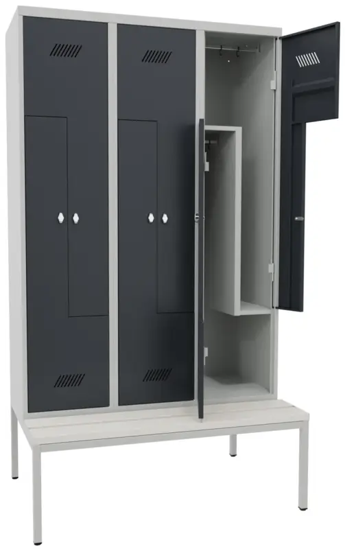 Pavoy Z-Spind mit Sitzbank PVC weiß 2150 x 1200 x 500 mm - 6 Abteile mit Drehriegel - RAL 7035 7016 Letzte Chance