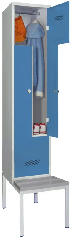 Bestpreis Pavoy Z-Spind mit Sitzbank PVC hellgrau 2150 x 400 x 500 mm - 2 Abteile mit Drehriegel - RAL 7035 5012