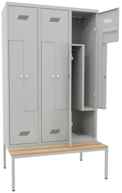 Pavoy Z-Spind mit Sitzbank Holz Buche 2150 x 1200 x 500 mm - 6 Abteile mit Drehriegel - RAL 7035 Finale Aktion