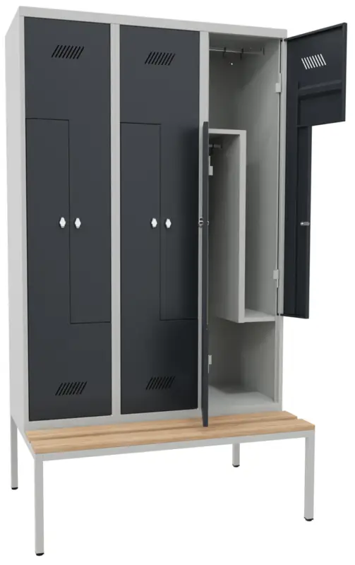 Echt Pavoy Z-Spind mit Sitzbank Holz Buche 2150 x 1200 x 500 mm - 6 Abteile mit Drehriegel - RAL 7035 7016