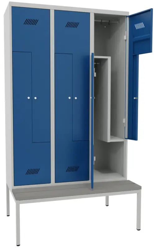 Pavoy Z-Spind mit Sitzbank PVC hellgrau 2150 x 1200 x 500 mm - 6 Abteile mit Zylinderschloss - RAL 7035 5010 Saisonangebot