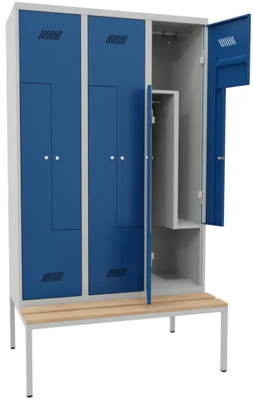 Begrenztes Angebot Pavoy Z-Spind mit Sitzbank Holz Buche 2150 x 1200 x 500 mm - 6 Abteile mit Zylinderschloss - RAL 7035 5010