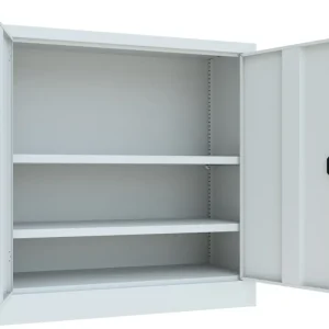Super-Preis Pavoy Flügeltürenschrank mit Vollblechtüren 1000 x 1000 x 400 mm - 2 Fachböden pulverbeschichtet - RAL 7035