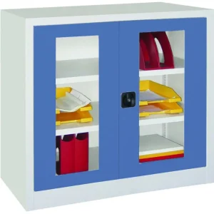 Direktkauf Pavoy Flügeltürenschrank mit Sichtfenstertüren 1000 x 1000 x 400 mm - 2 Fachböden pulverbeschichtet - RAL 7035 5012