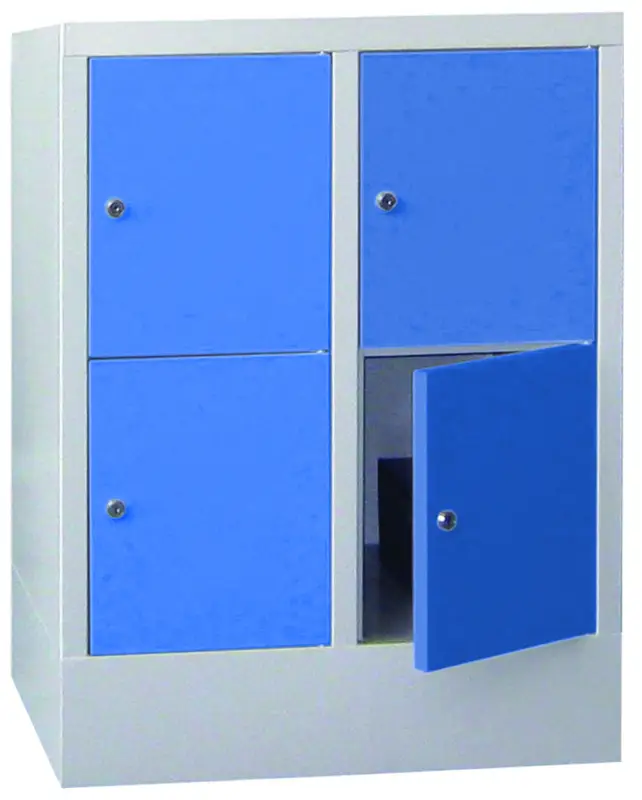Pavoy Schließfachschrank mit Sockel und Vollblechtüren 855 x 600 x 500 mm - 2 x 2 Fächer mit Drehriegel - RAL 7035 5012 Preiswert