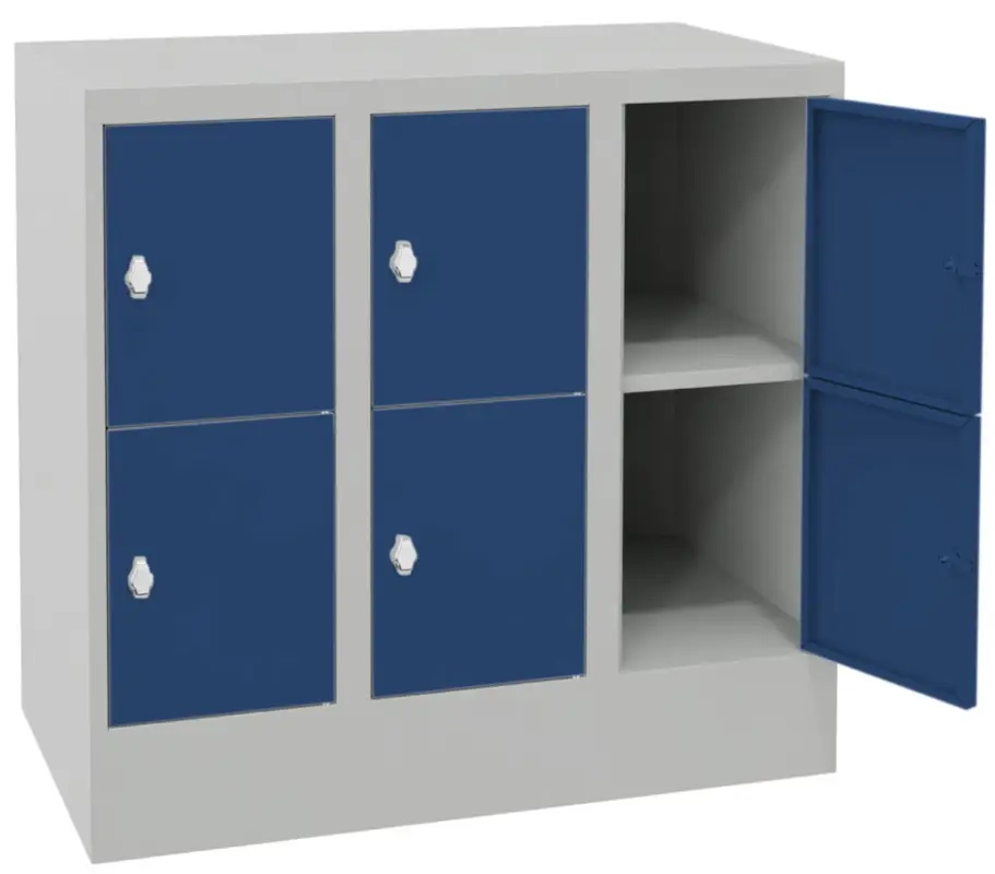 Pavoy Schließfachschrank mit Sockel und Vollblechtüren 855 x 900 x 500 mm - 2 x 3 Fächer mit Drehriegel - RAL 7035 5010 Markenprodukt