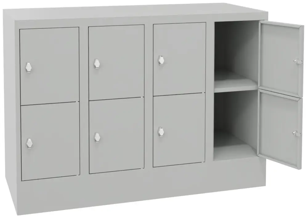 Pavoy Schließfachschrank mit Sockel und Vollblechtüren 855 x 1200 x 500 mm - 2 x 4 Fächer mit Drehriegel - RAL 7035 Markenware
