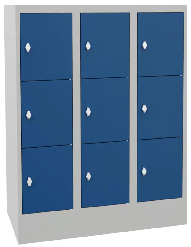 Must-Have Pavoy Schließfachschrank mit Sockel und Vollblechtüren 1187 x 900 x 500 mm - 3 x 3 Fächer mit Drehriegel - RAL 7035 5010