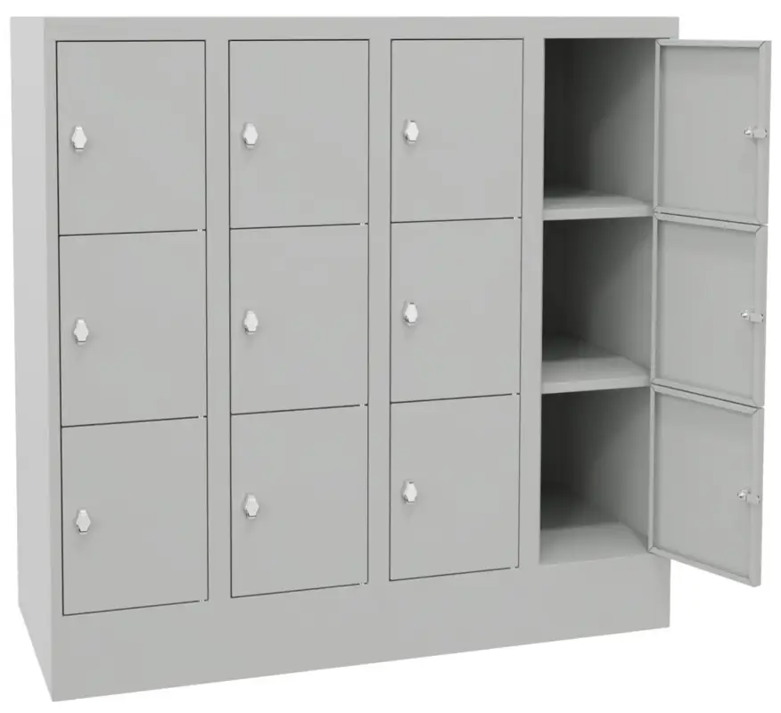 Expressversand Pavoy Schließfachschrank mit Sockel und Vollblechtüren 1187 x 1200 x 500 mm - 3 x 4 Fächer mit Drehriegel - RAL 7035