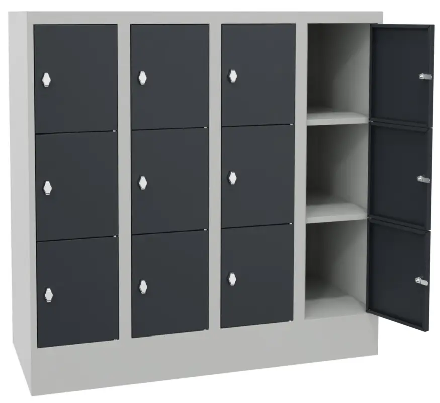 Pavoy Schließfachschrank mit Sockel und Vollblechtüren 1187 x 1200 x 500 mm - 3 x 4 Fächer mit Drehriegel - RAL 7035 7016 Preiswert