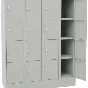 Finale Aktion Pavoy Schließfachschrank mit Sockel und Vollblechtüren 1518 x 1200 x 500 mm - 4 x 4 Fächer mit Drehriegel - RAL 7035