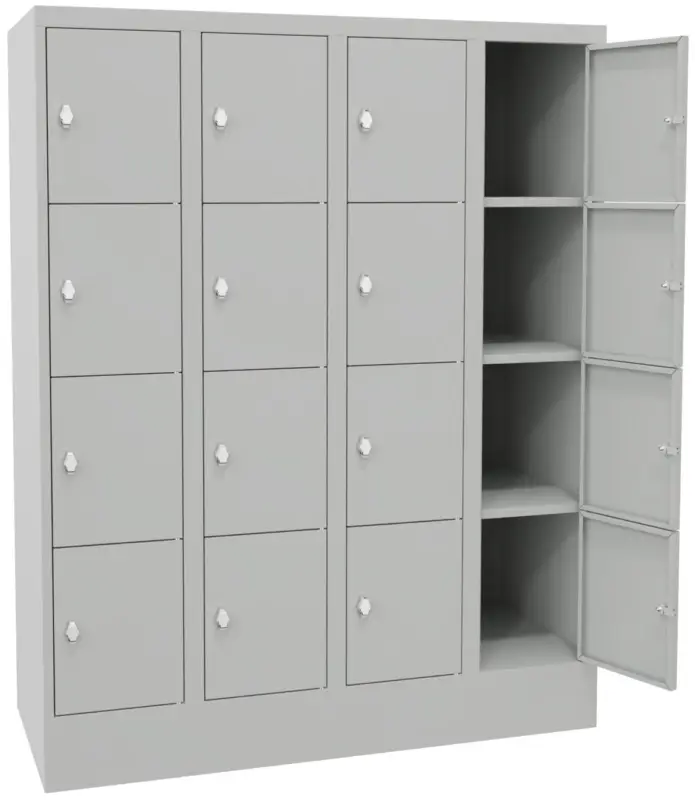 Finale Aktion Pavoy Schließfachschrank mit Sockel und Vollblechtüren 1518 x 1200 x 500 mm - 4 x 4 Fächer mit Drehriegel - RAL 7035