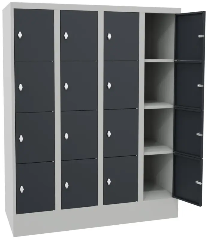 Günstig Pavoy Schließfachschrank mit Sockel und Vollblechtüren 1518 x 1200 x 500 mm - 4 x 4 Fächer mit Drehriegel - RAL 7035 7016