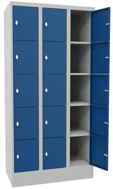 Sale Pavoy Schließfachschrank mit Sockel und Vollblechtüren 1850 x 900 x 500 mm - 5 x 3 Fächer mit Drehriegel - RAL 7035 5010