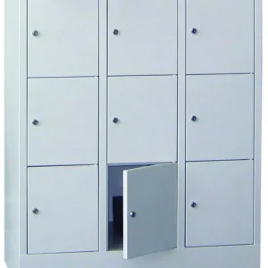 Begrenztes Angebot Pavoy Schließfachschrank mit Sockel und Vollblechtüren 1187 x 900 x 500 mm - 3 x 3 Fächer mit Zylinderschloss - RAL 7035